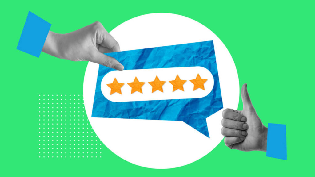 5 star review with a hand giving a thumbs up gesture