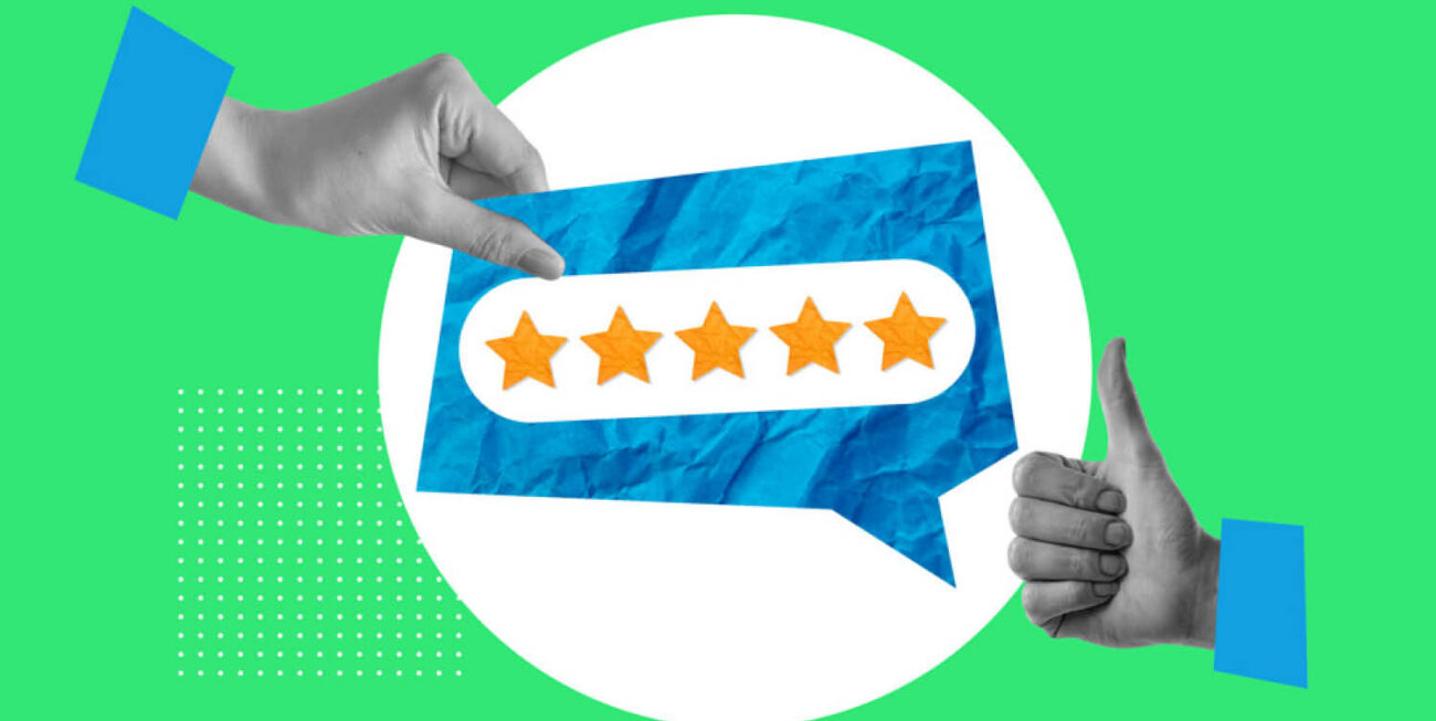 5 star review with a hand giving a thumbs up gesture