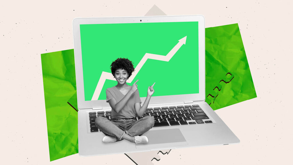 Line chart and woman pointing up