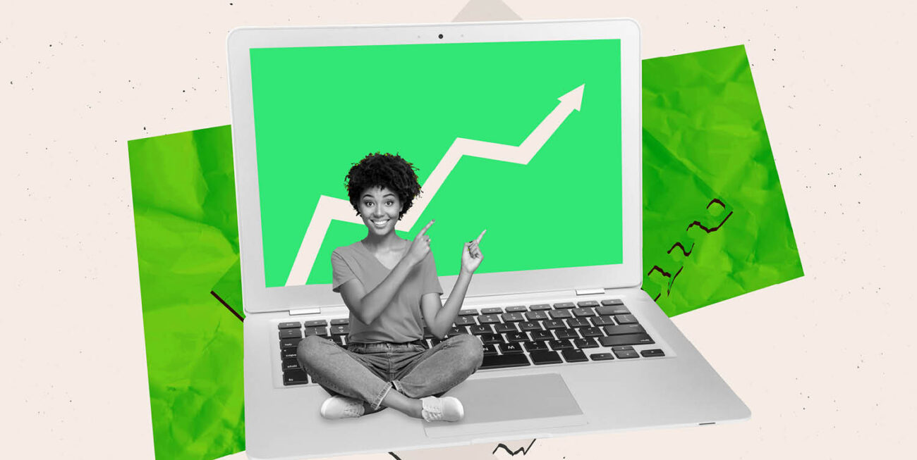 Line chart and woman pointing up