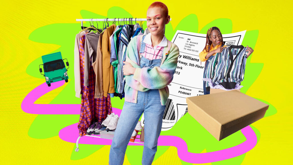Retail shoppers with clothing rack, shipping label with box, and delivery truck