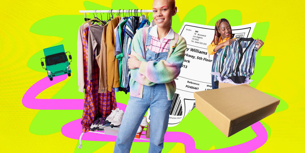 Retail shoppers with clothing rack, shipping label with box, and delivery truck