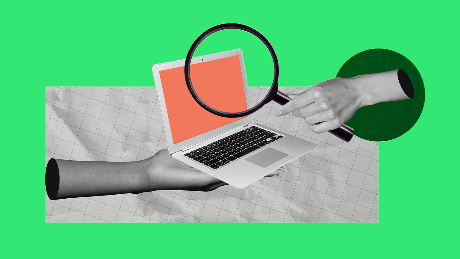 Hands holding a laptop with a magnifying glass