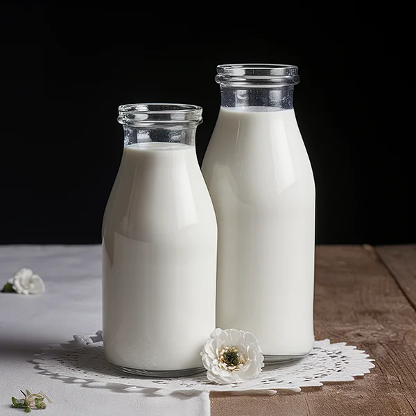 Two glass bottles filled with milk sit on a table with a small white flower beside them.