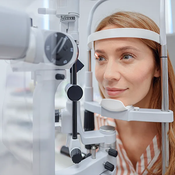 A woman looks into an eye examination machine during an eye exam at a clinic.