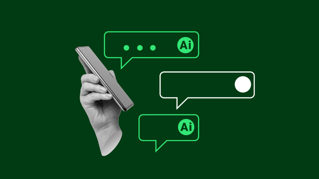 Virtual assistance, artificial intelligence, chatbot communication, automation, and customer interaction. Smartphone displaying AI-powered chat bubbles. Minimalist art collage.