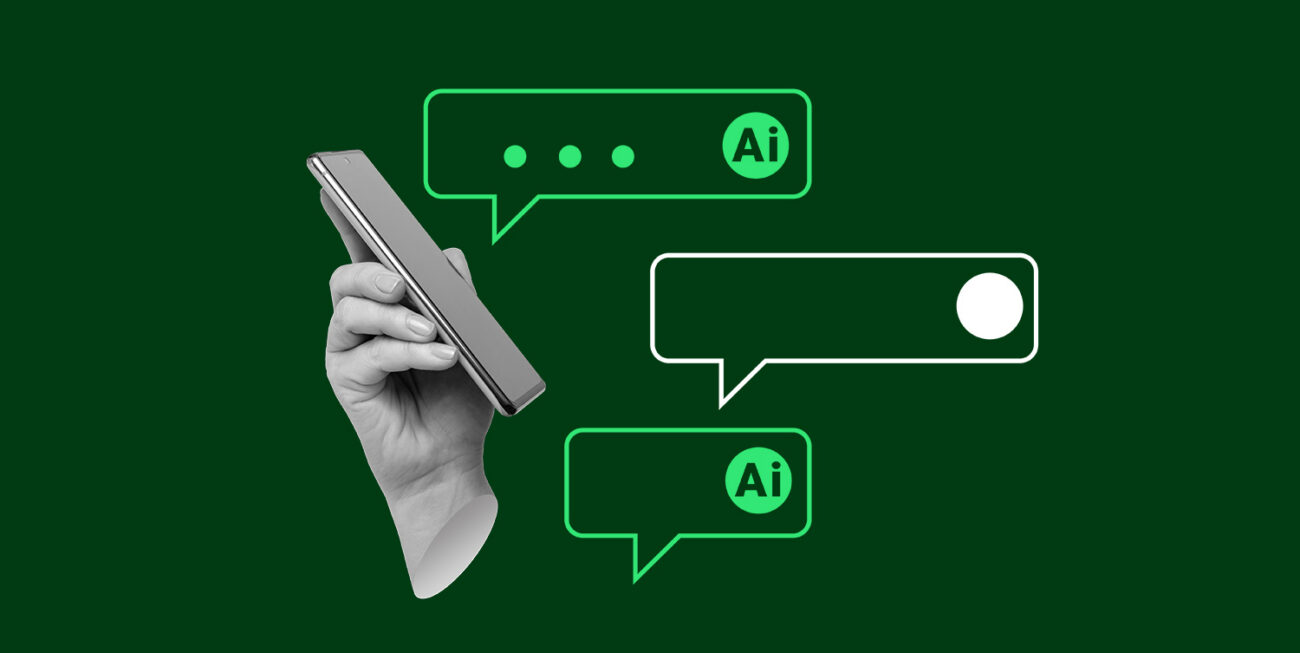 Virtual assistance, artificial intelligence, chatbot communication, automation, and customer interaction. Smartphone displaying AI-powered chat bubbles. Minimalist art collage.