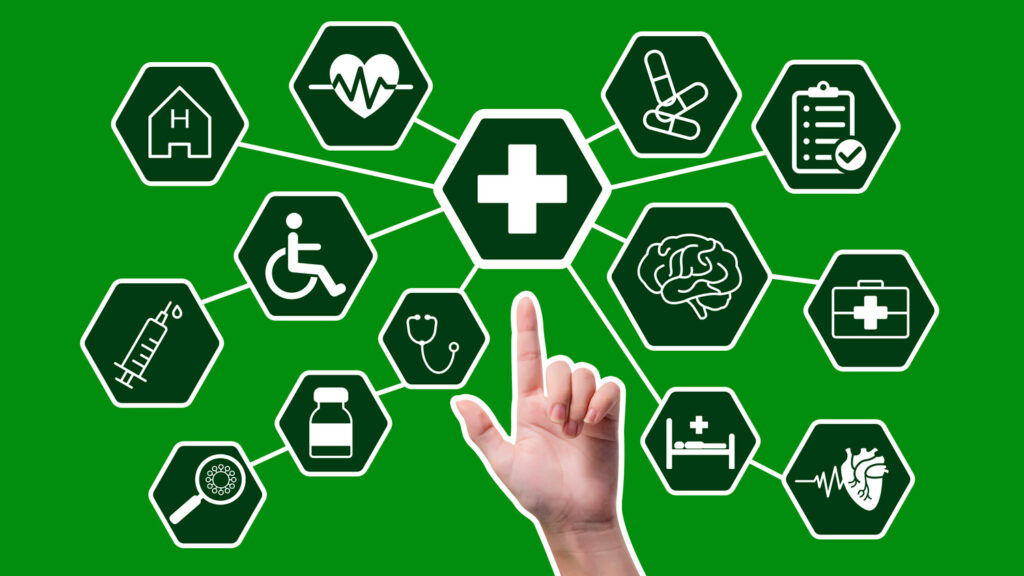 Finger pointing to web of healthcare icons