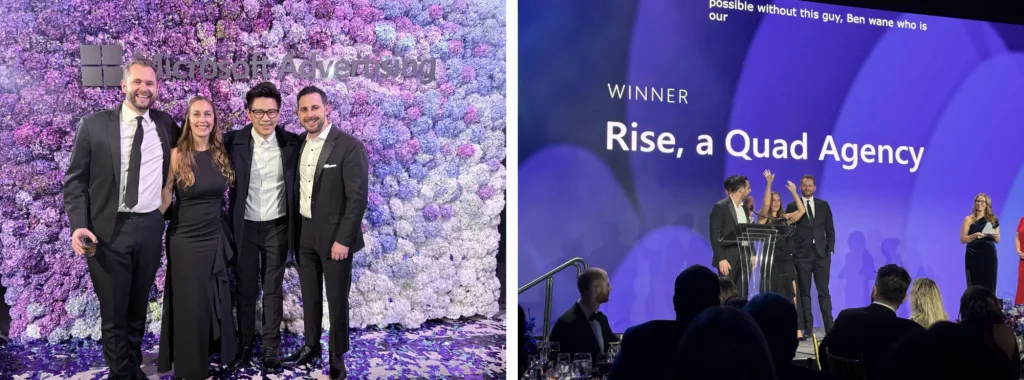 Combination of images showcasing the images of the Rise team winning a Microsoft Advertising award