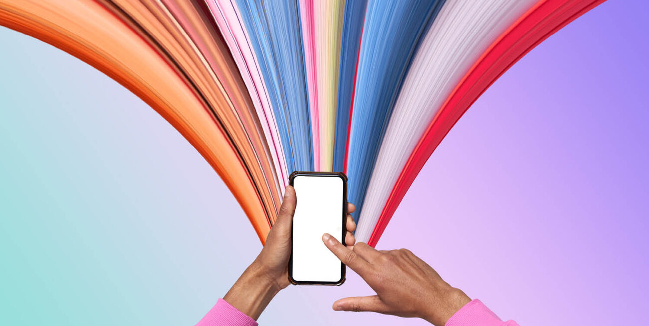 Holding a cellphone with colored bands rising from it