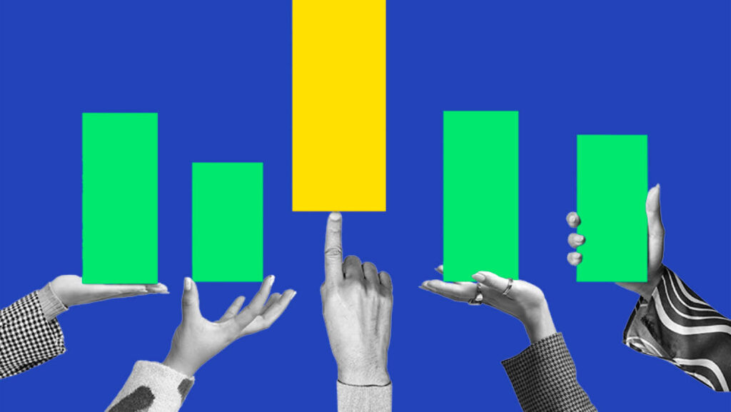 Hands holding bars of a bar chart