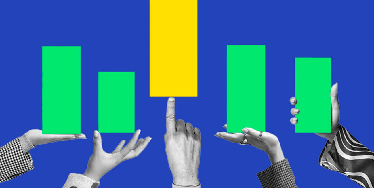Hands holding bars of a bar chart