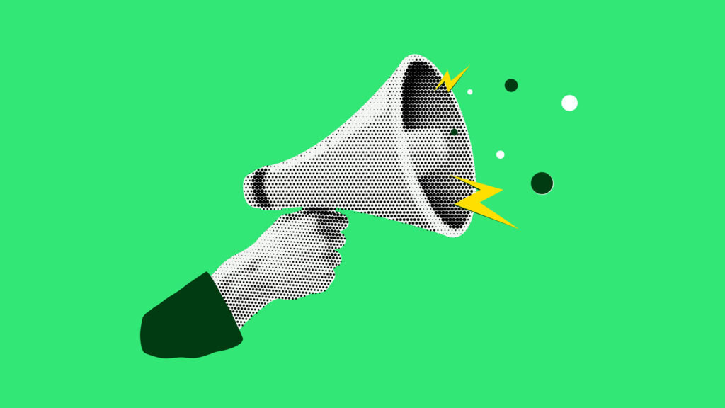 Halftone megaphone, loudspeaker in hand. Advertising speaker with lightning, collage in retro style.
