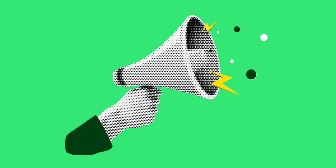 Halftone megaphone, loudspeaker in hand. Advertising speaker with lightning, collage in retro style.
