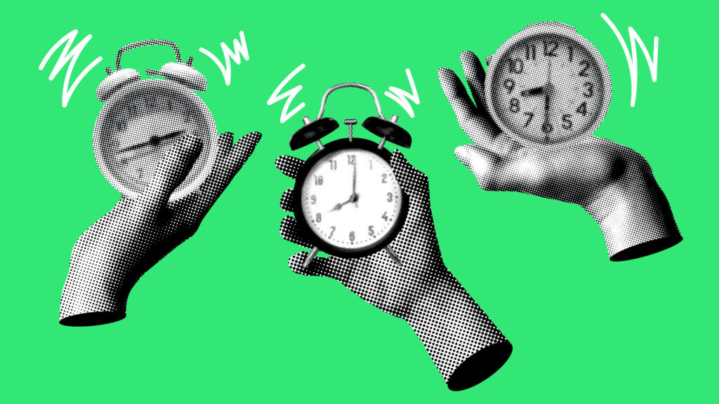 Modern collage with halftone hands holding alarm clocks. Ringing alarm clock. Newspaper elements. Deadline concept. Time management