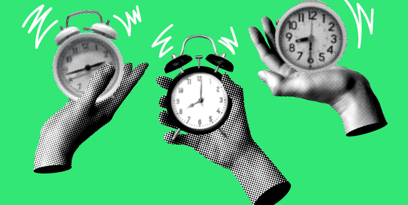 Modern collage with halftone hands holding alarm clocks. Ringing alarm clock. Newspaper elements. Deadline concept. Time management