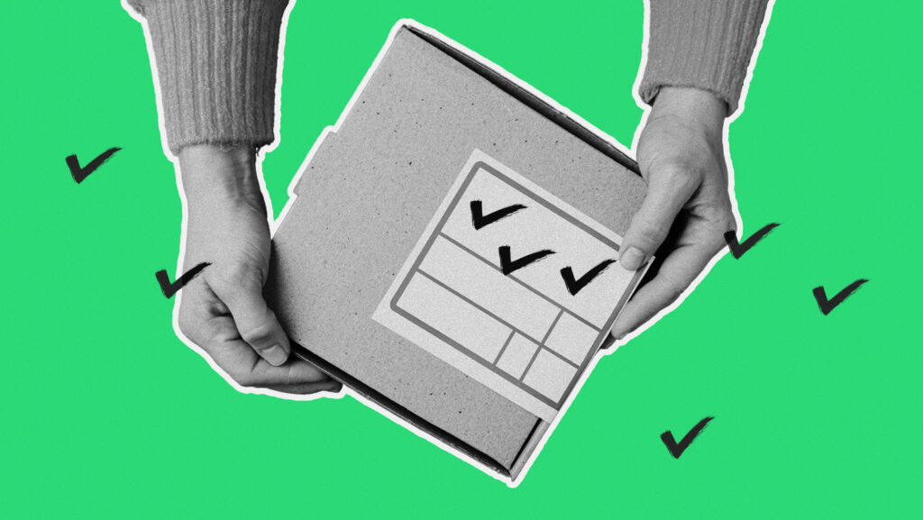 Hands holding package with a checklist