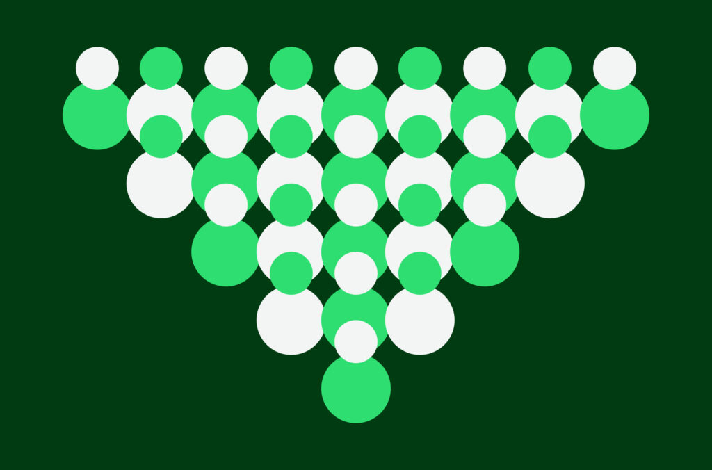 Circles representing a network of people in a funnel shape