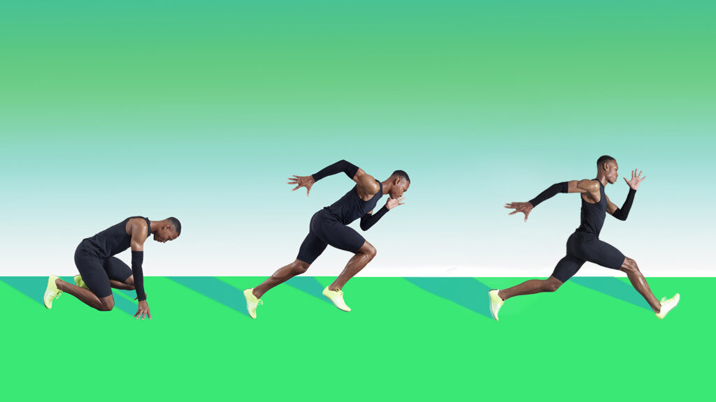 Collage image of professional athlete sprinting on blue background.