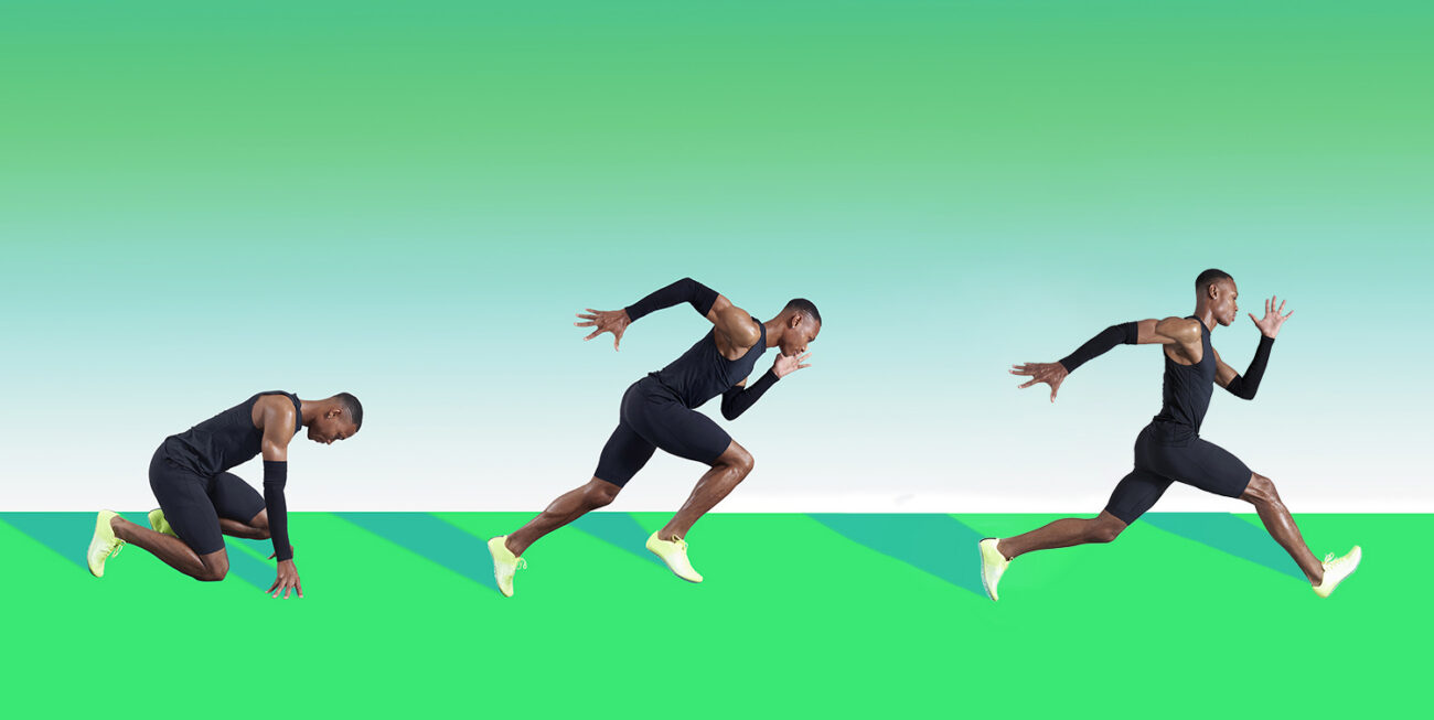 Collage image of professional athlete sprinting on blue background.
