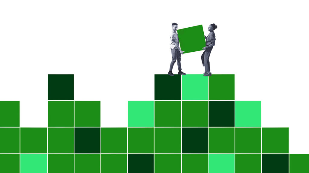 People carrying a data block to its place