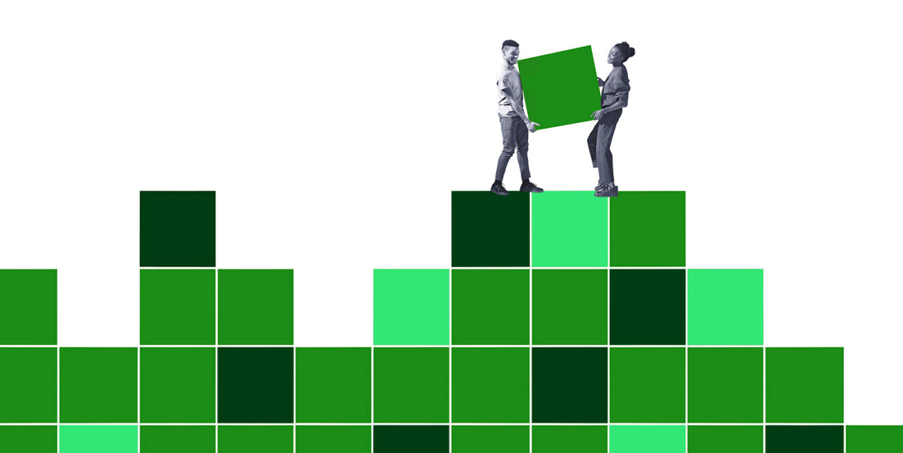 People carrying a data block to its place