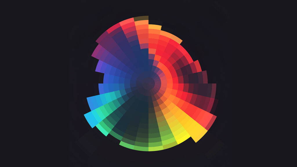 Abstract circular gradient artwork with vibrant colors radiating in segments, set against a dark background, creating a modern and dynamic visual appeal