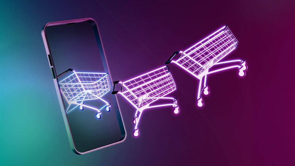 Shopping cart leaving the digital world and entering the real world