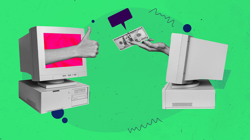 Hands reaching through CRT monitors offering payment with a “thumbs-up” gesture Hands reaching through CRT monitors offering payment with a "thumbs-up" gesture