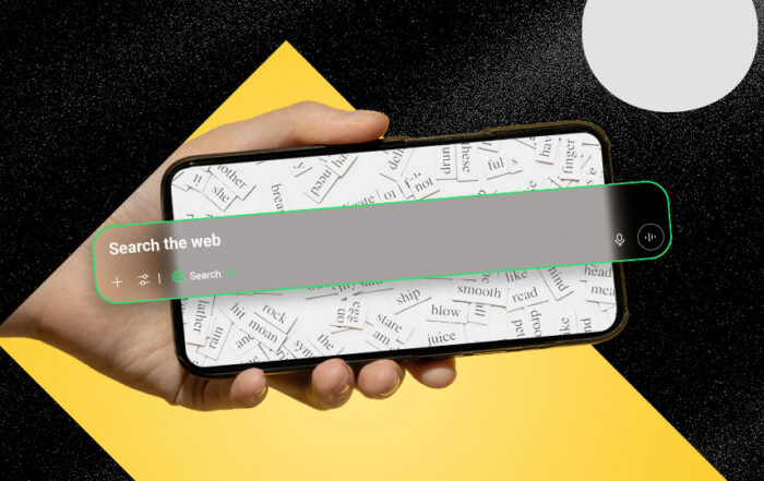 A cell phone being held with a search bar superimposed in front of Rise fractiles