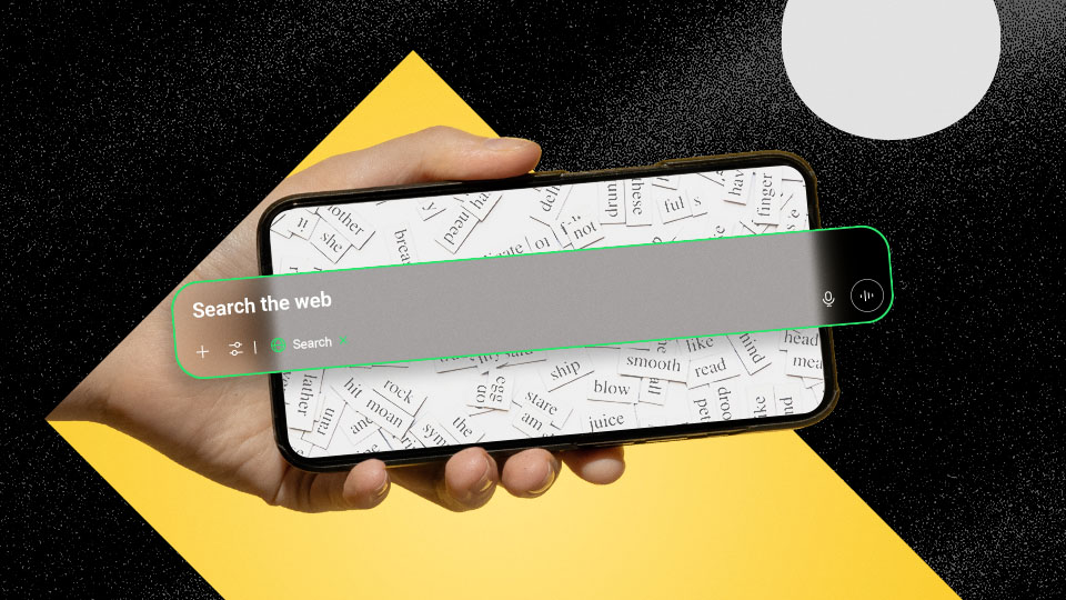 A cell phone being held with a search bar superimposed in front of Rise fractiles