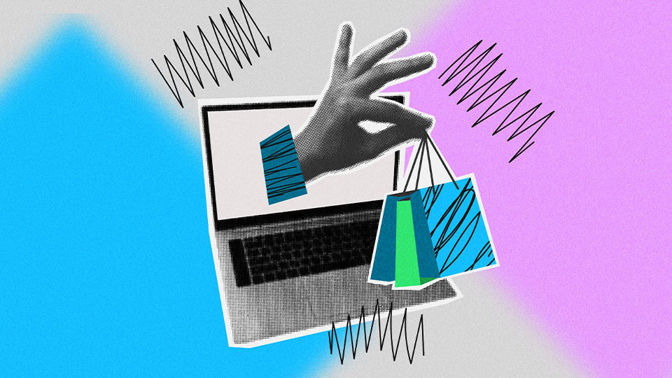 A sketchbook-style hand coming out of a laptop screen holding shopping bags. Illustration by OpenAI. A sketchbook-style hand coming out of a laptop screen holding shopping bags. Illustration by OpenAI.