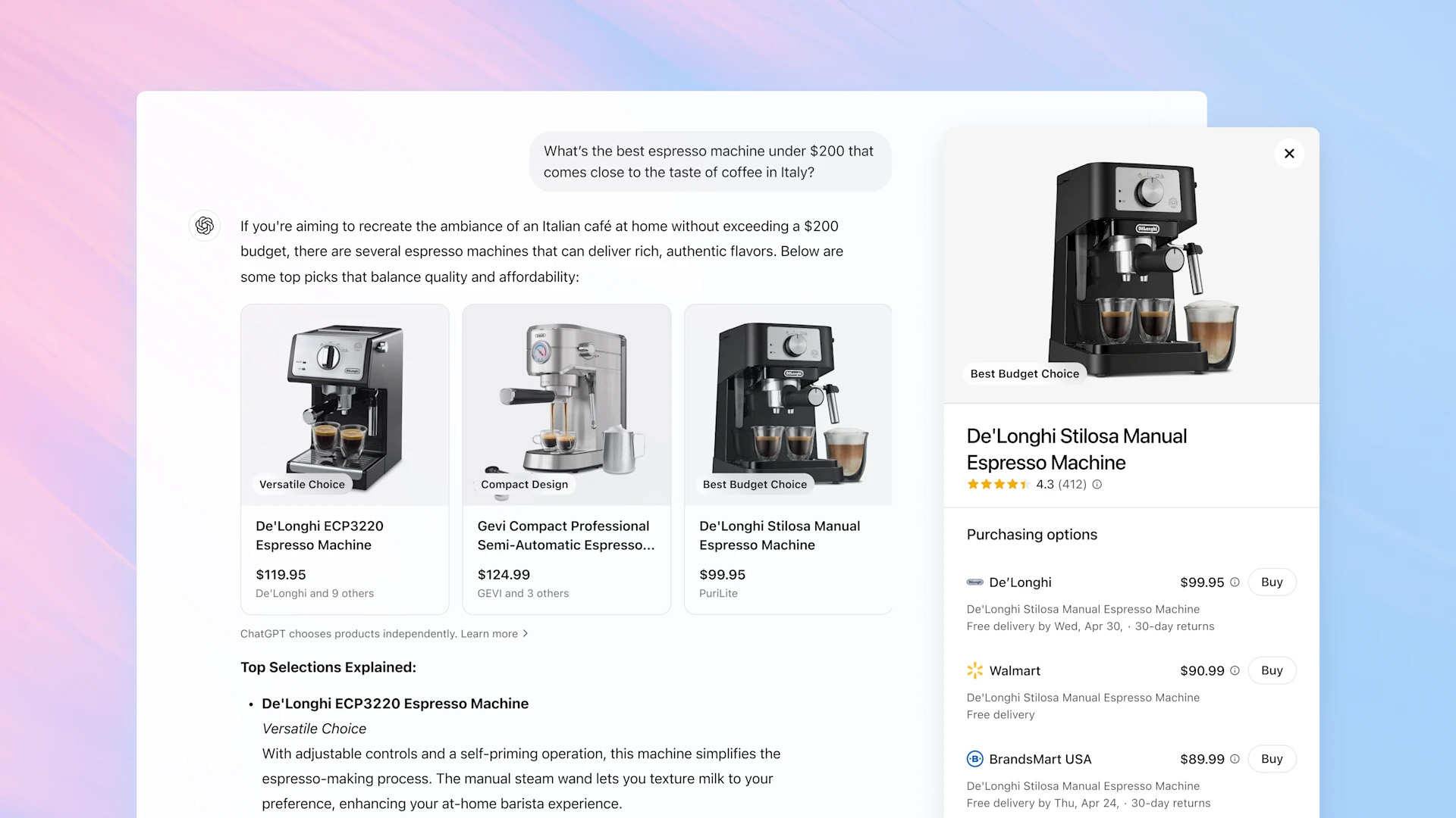 Three product search examples in ChatGPT for an espresso machine. Image created by OpenAI. Three product search examples in ChatGPT for an espresso machine. Image created by OpenAI.