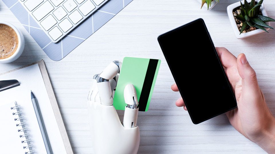 Rise Insights Google Shop AI Human hand holding smartphone alongside mechanical hand holding a credit card