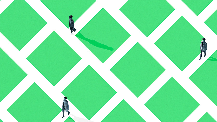 Blocks with people walking through intersections