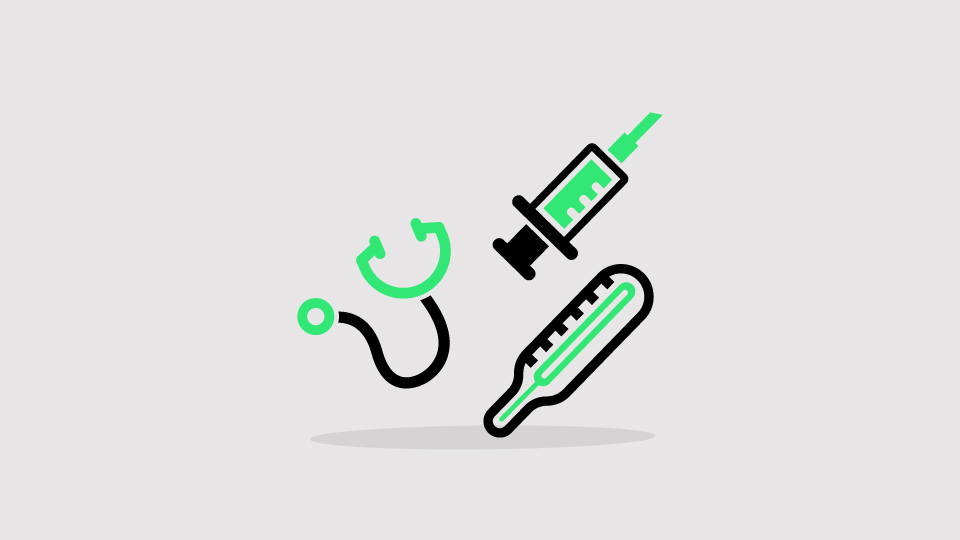 An illustration of different medical tools, including a stethoscope, a syringe, and a thermometer.
