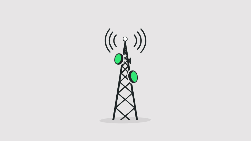 An illustration of a radio tower and satellites transmitting signals