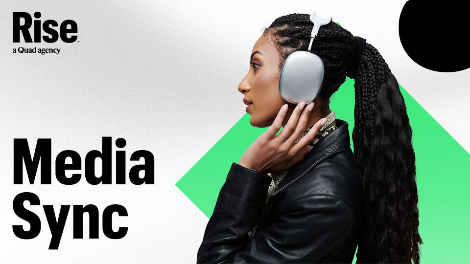 A woman adjusting their headphones. Text reads: Media Sync