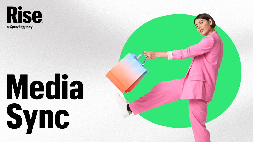 A woman wearing a pink suit and kicking a blue and orange shopping bag. Text reads: Media Sync