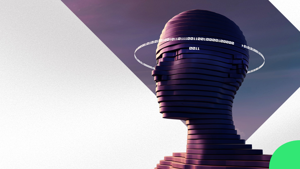 Binary code circulating around a digital skull.