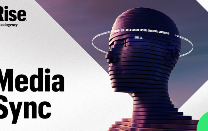 Binary code circulating around a digital skull. Text reads: Media Sync