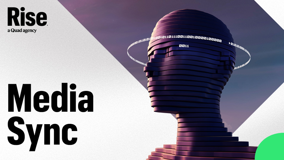 Binary code circulating around a digital skull. Text reads: Media Sync Binary code circulating around a digital skull. Text reads: Media Sync