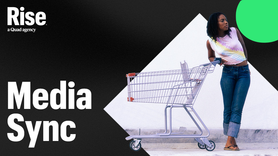A woman pushing a shopping cart. Text reads: Media Sync