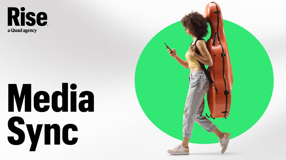 A woman walking with their phone in their hand, carrying a cello case on their back. Text reads: Media Sync
