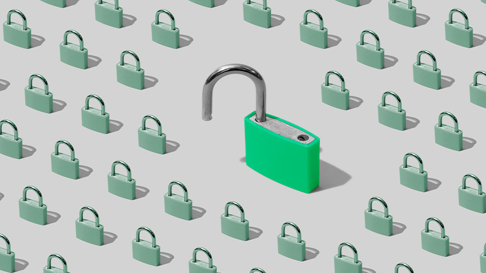An unlocked green lock surrounded by a large group of smaller locked locks
