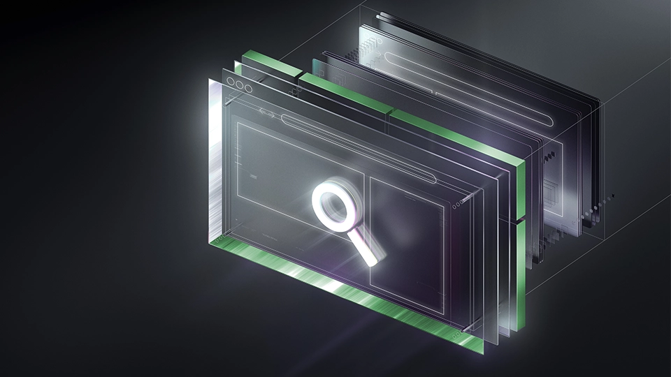 A series of translucent browser windows, highlighted by a search option.