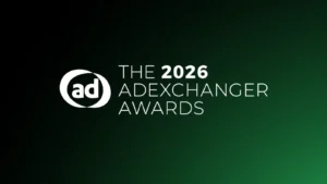 The 2026 AdExchanger Awards logo on front of a gradient green and black background
