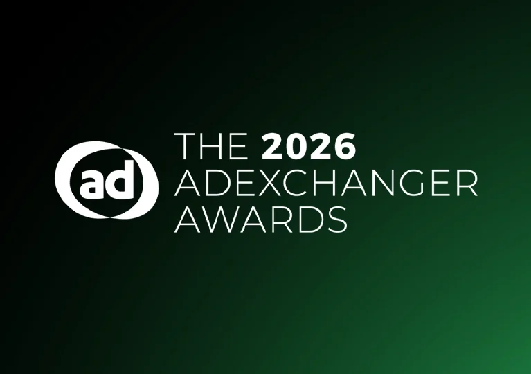 The 2026 AdExchanger Awards logo on front of a gradient green and black background