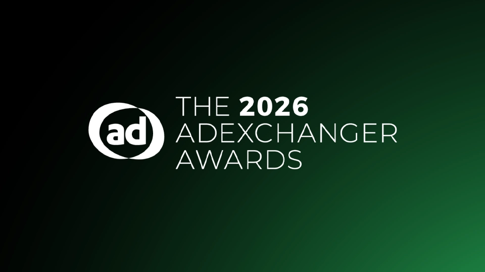 The 2026 AdExchanger Awards logo on front of a gradient green and black background