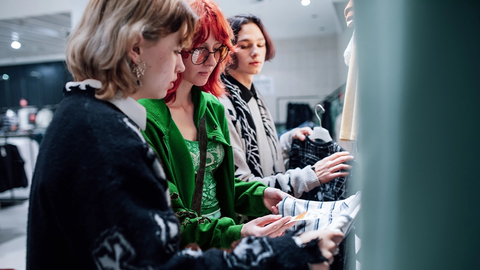 Young shoppers touching clothes in a store